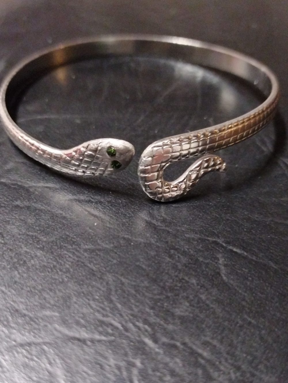 7-1/2",Silver Snake Cuff Bracelet with Green Eyes - Reptile Style